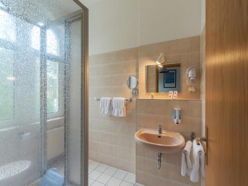y baño con lavabo y ducha. en Hotel Villa Raueneck, en Bad Saarow