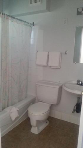 a white bathroom with a toilet and a sink at Evening Star Motel in Greenwood