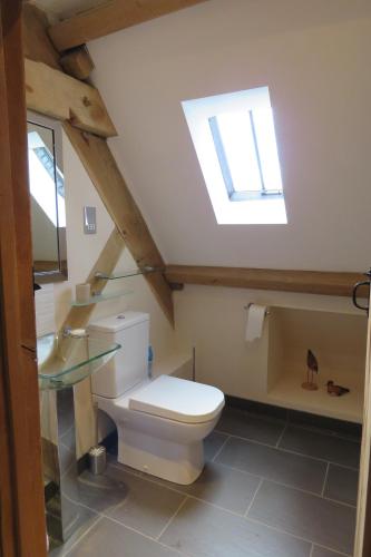 a bathroom with a toilet and a skylight at Welsh Apple Barn in Chepstow