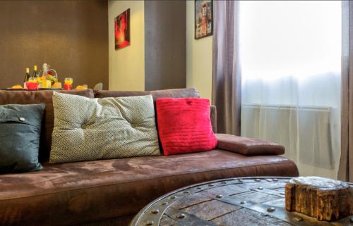 a brown couch with a red pillow on it at Le Contemporain in Montbéliard