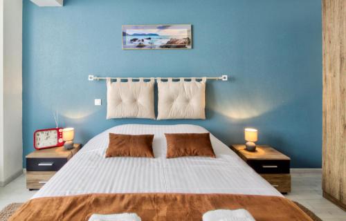 モンベリアルにあるLe Contemporainの青い壁のベッドルーム1室(大型ベッド1台付)