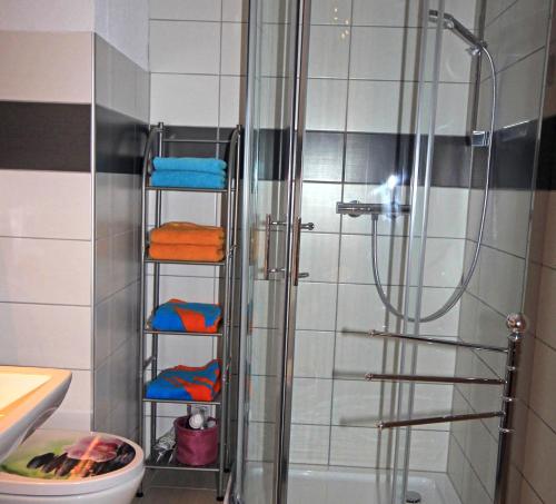 ein Bad mit einer Dusche und einem Handtuchhalter neben einem WC in der Unterkunft Ferienwohnung Sundhagen in Reinberg