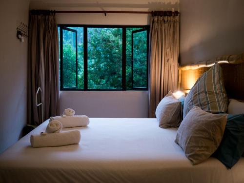 a bedroom with a bed with two stuffed animals on it at Africa's Eden Guesthouse in Pietermaritzburg