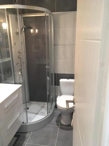 une salle de bain avec toilettes et douche en verre dans l'établissement Lovely Apartment in Mention French Riviera, à Menton
