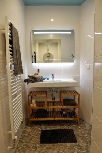 a bathroom with a sink and a mirror at L'Ancora in Sint Annaland
