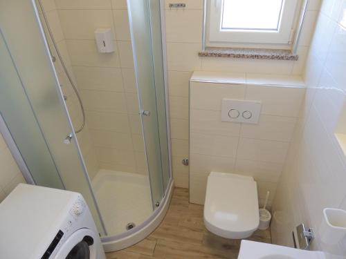 a small bathroom with a shower and a toilet at Villa Pinija in Fažana