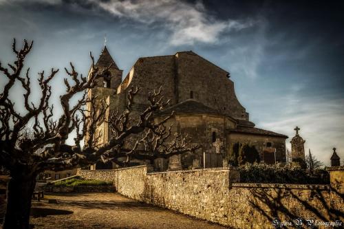 an old church behind a stone wall with trees at À l'étape des randonneurs in Saignon