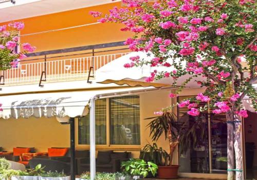 里米尼的住宿－麗波特酒店，一座建筑物前有粉红色花的树