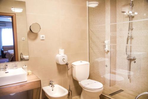 a bathroom with a toilet, sink, and shower at Philia Hotel in Podgorica