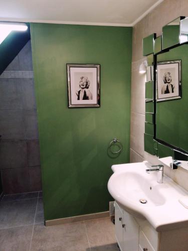 une salle de bains avec un lavabo et un mur végétal dans l'établissement Duplex Denim, à Nîmes