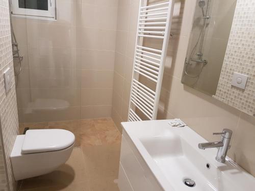 a white bathroom with a toilet and a sink at Apartments AS Dubrave in Dubrave Gornje