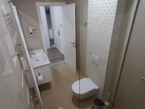 a white bathroom with a toilet and a sink at Apartments AS Dubrave in Dubrave Gornje