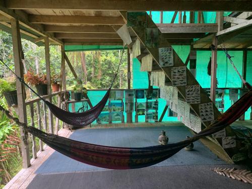 a hammock in a room with a pool at Paraisoverde-Corcovado Over Night in Drake