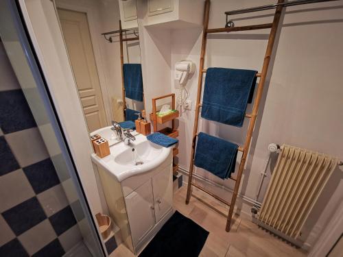 a bathroom with a sink and a shower with blue towels at Appt 2 pièces à 18 mn du château de Versailles in Le Port-Marly