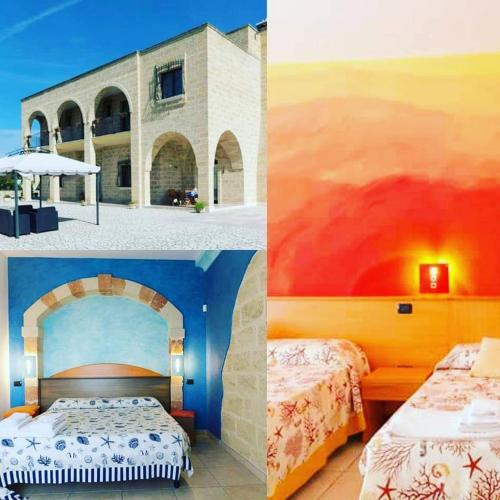 three different views of a hotel room with two beds at Villa Arneide bed and breakfast in Torre Lapillo