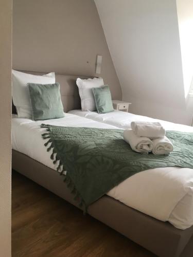 コルマールにあるレ アパートメンツ デ オム プティ ヴェニスのベッドルームにタオル付きのベッド2台が備わります。