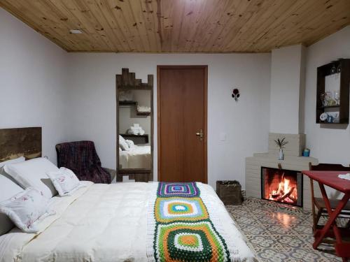 a bedroom with a bed and a fireplace at Pousada Polessas in Visconde De Maua