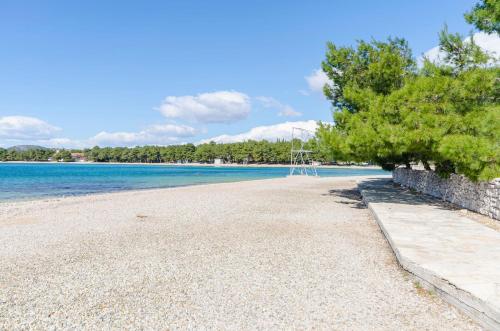 a beach with a tree and the water at Apartments Snjezana in Pirovac