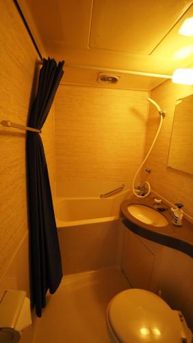 a small bathroom with a toilet and a sink at Winterland Lodge & Taproom in Nozawa Onsen