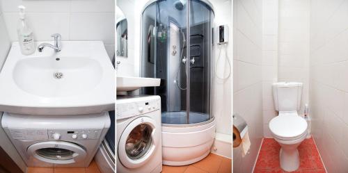 two pictures of a bathroom with a sink and a washing machine at Apartments at Michurina 15 in Kemerovo