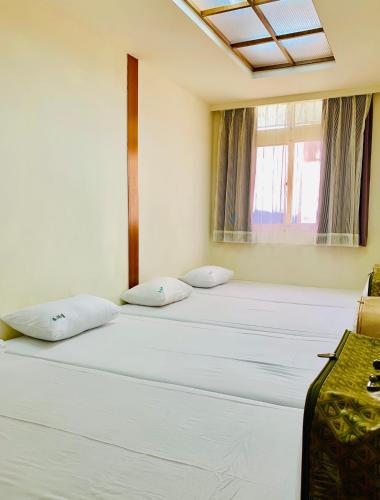 two beds in a room with a window at Taihu Hotel Sun Moon Lake in Yuchi
