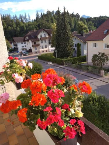 een bos bloemen op een balkon bij Maja in Füssen