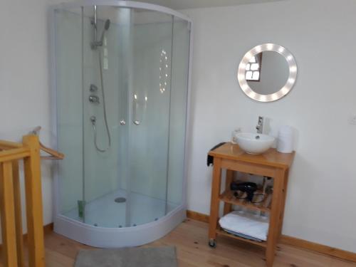 une salle de bain avec une douche en verre et un lavabo dans l'établissement Pigeonnier Brens, à Brens