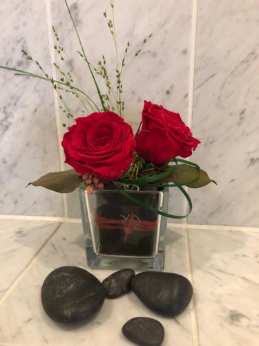 a vase filled with red roses sitting next to rocks at Thermen Hotel Pension Villa Holstein in Bad Salzuflen