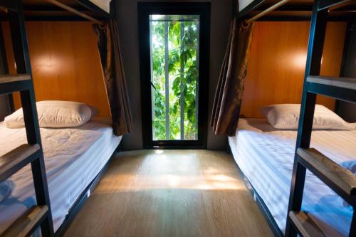 two bunk beds in a room with a window at Comfy Bed Hostel in Bangkok
