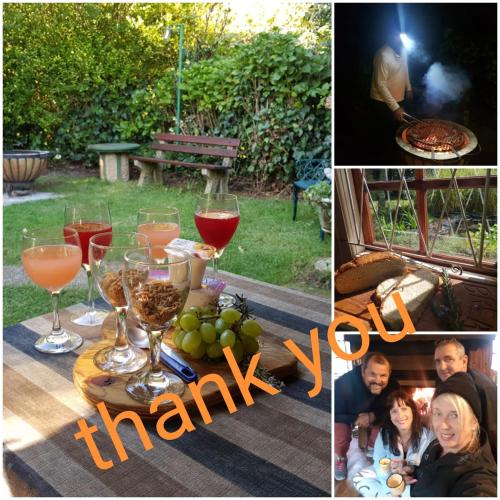 een collage van foto's van een tafel met wijnglazen bij Back o' the Moon Holiday cottage in Hogsback