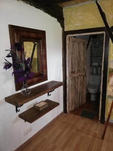 a bathroom with a toilet and a mirror on the wall at Algarabiastaying 2 granja San Julián in Medina de Pomar