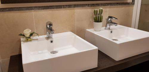zwei weiße Waschbecken im Bad mit Kaktus in der Unterkunft Apartamento Lujo Calaceite in Torrox Costa