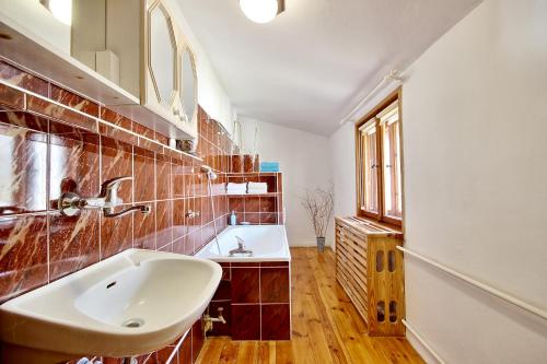 a bathroom with a sink and a mirror at Bałtycki Apartament in Sopot