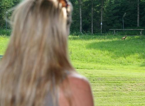 a woman is looking at a deer in a field at Hotel Garni Pension zur Wacht in Strobl