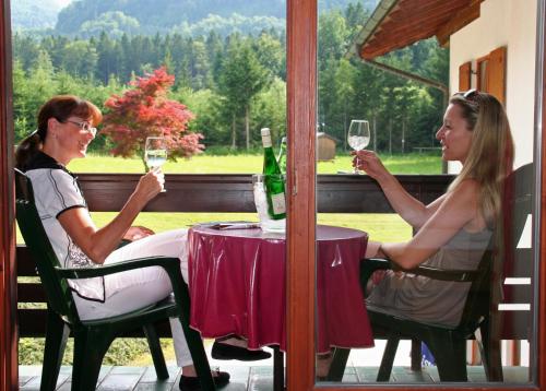 zwei Frauen sitzen an einem Tisch mit Gläsern Wein in der Unterkunft Hotel Garni Pension zur Wacht in Strobl