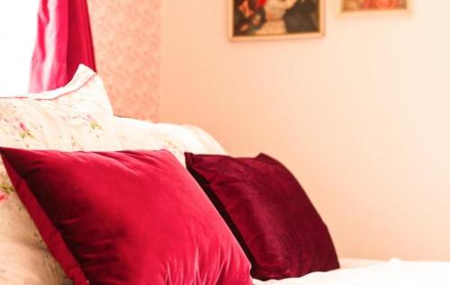two red pillows sitting on a bed in a room at Bed & Breakfast de Appelaar in Rijs