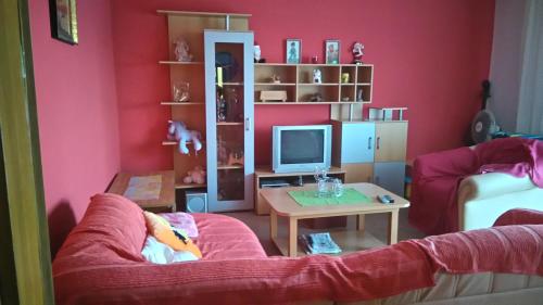 a living room with a couch and a table at Apartman Dino in Roč