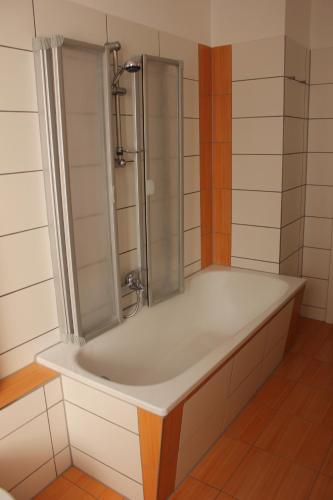 Gästewohnung in Döbeln في دوبلن: حمام مع دش وحوض استحمام أبيض