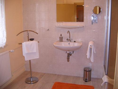 La salle de bains est pourvue d'un lavabo et d'un miroir. dans l'établissement Haus Sonnenschein, à Hahnenklee