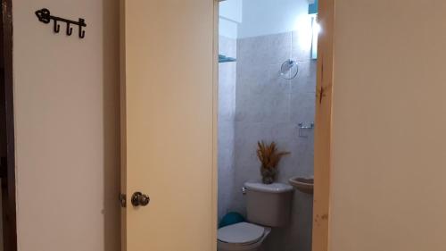 a bathroom with a white toilet and a shower at Habitación Independiente Sur - Cali in Cali