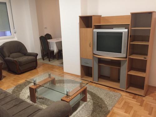 ein Wohnzimmer mit Couch und Fernseher in der Unterkunft Stan na dan CENTAR in Šabac