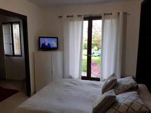 a bedroom with a bed and a television and a window at Appartement 2 pièces rez-de-jardin à 2 pas de la plage et de la thalasso in Cabourg