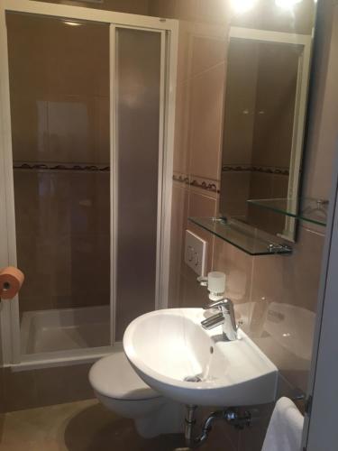 La salle de bains est pourvue d'un lavabo, d'une douche et de toilettes. dans l'établissement Guesthouse Marina, à Tučepi