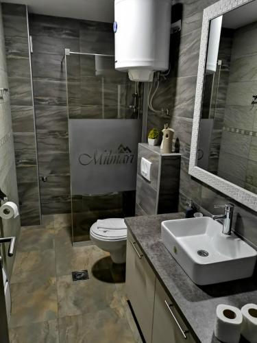 a bathroom with a sink and a toilet and a mirror at K22 Apartment Milmari in Kopaonik