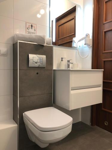 a small bathroom with a toilet and a sink at Willa Biały Dom in Białogóra
