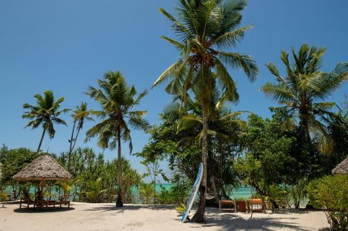 a beach with palm trees and a slide at Tikitam Palms Boutique Hotel in Pongwe