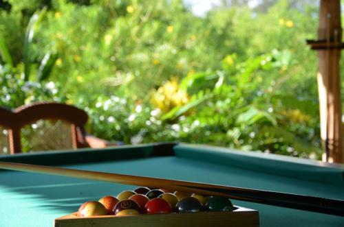 a pool table with a cue and balls on it at Tikitam Palms Boutique Hotel in Pongwe