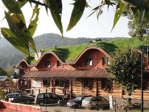 a house with a grass roof with cars parked in front at Troll in Cisna