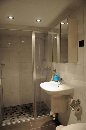 a bathroom with a sink and a shower at Gästehaus Petra in Ürzig