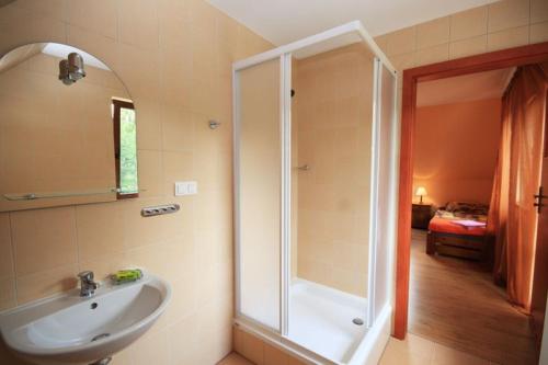 a bathroom with a shower and a sink at Karpnicka Struga W Dolinie Pałaców i Ogrodów in Jelenia Góra